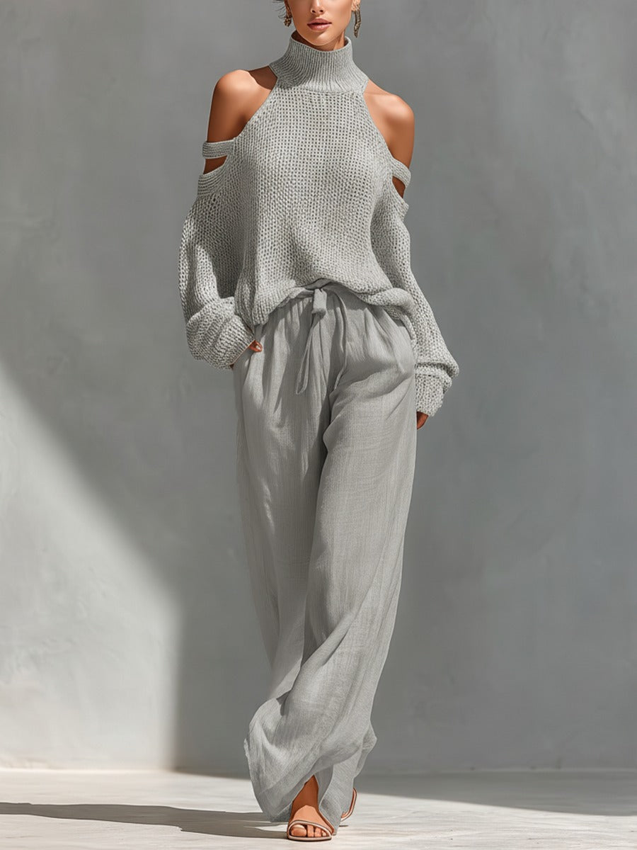 Conjunto casual sofisticado para mulher: top de ombros descobertos e calças elegantes, perfeito para moda primavera/verão.