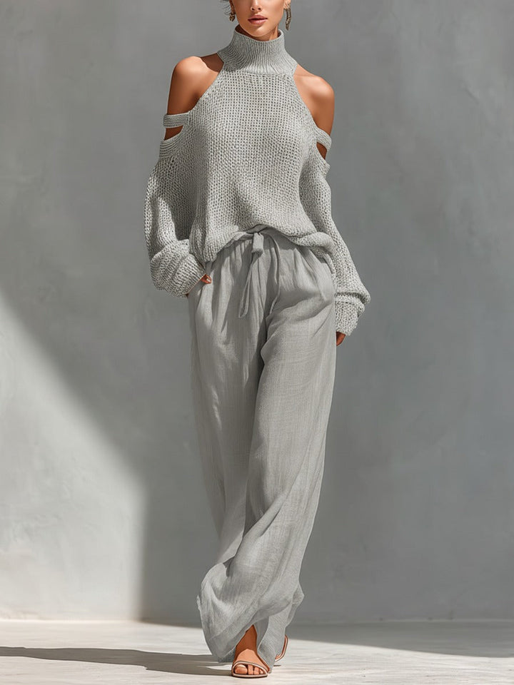 Conjunto casual sofisticado para mulher: top de ombros descobertos e calças elegantes, perfeito para moda primavera/verão.