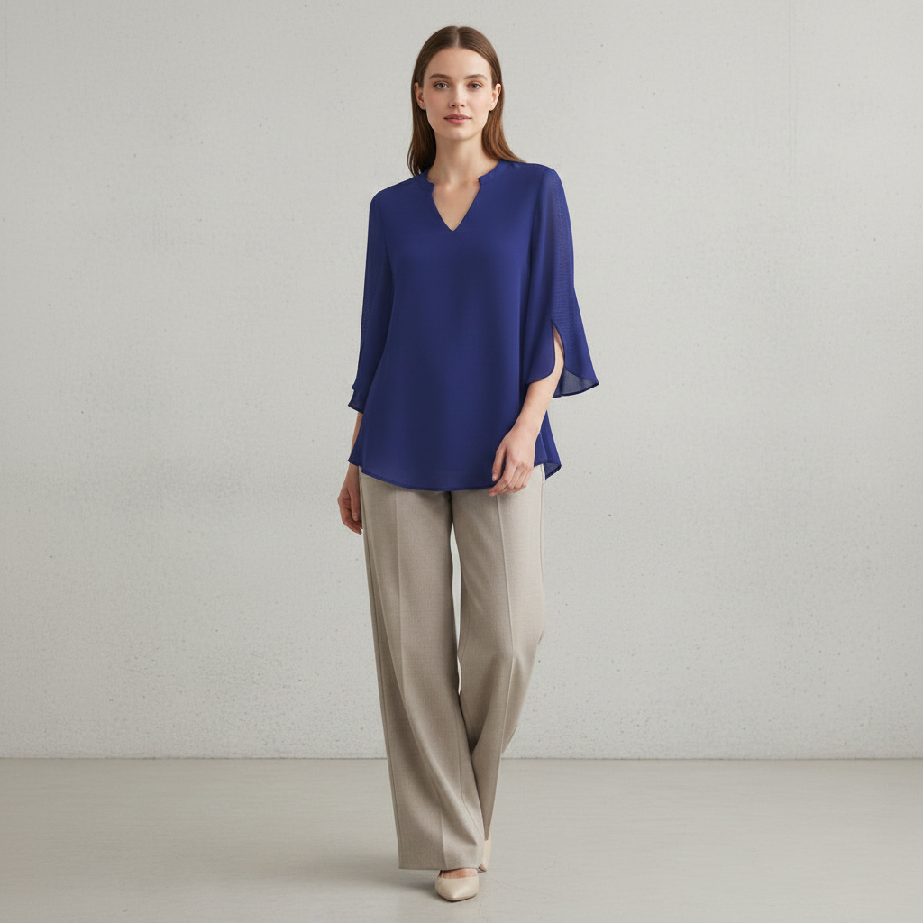 Roupa feminina: blusa Brianna fluida, mangas abertas, perfeita para moda casual e elegante de verão.