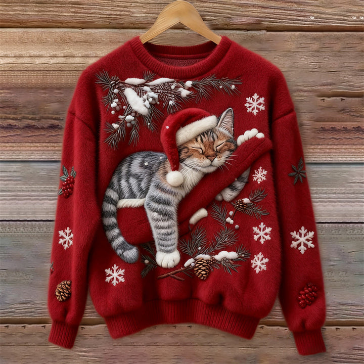 Roupa festiva de inverno: camisola unissex de Natal com gato 3D. Conforto e estilo para festas.