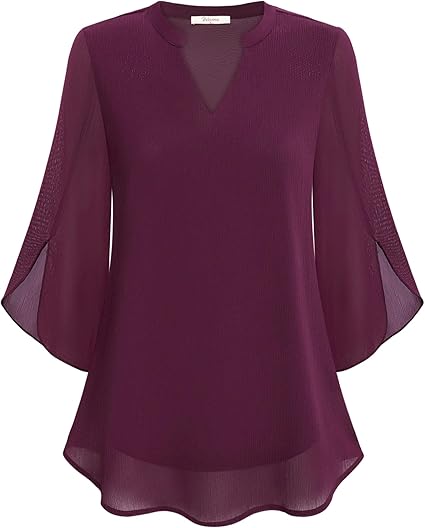Blusa feminina elegante em camadas, perfeita para moda casual e formal. Versátil com decote V e mangas 3/4.