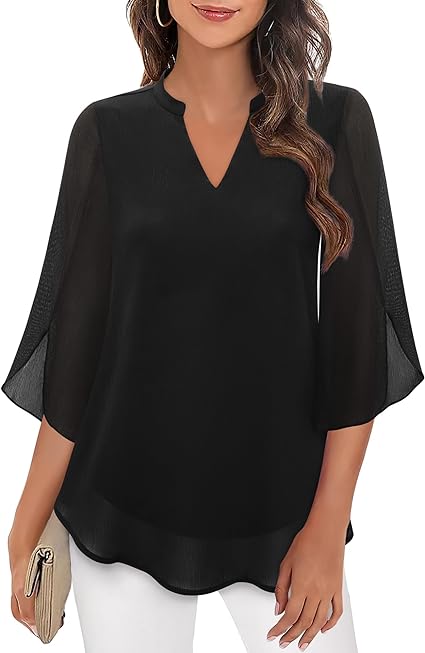 Blusa feminina elegante em camadas, decote V e mangas 3/4. Perfeita para conforto e estilo sofisticado.