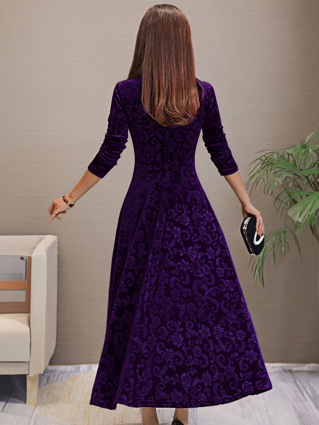 Vestido feminino elegante com decote V, mangas longas, para festa de noite, moda outono inverno.