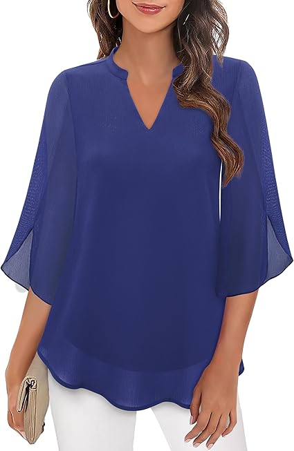 Blusa feminina em camadas, decote V, mangas 3/4. Elegante e sofisticada para roupa casual ou formal.