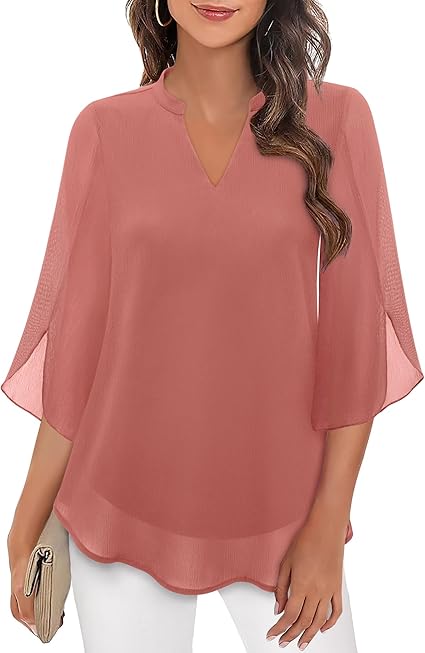 Blusa feminina elegante, design em camadas, decote V e mangas 3/4. Sofisticada para qualquer ocasião.