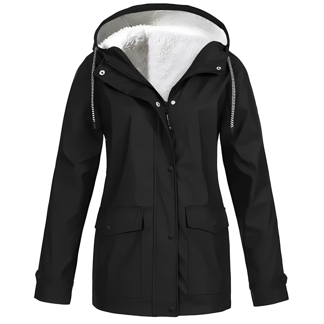 Jaqueta feminina elegante para chuva, com capuz, perfeita para outono e inverno, oferece moda e proteção.