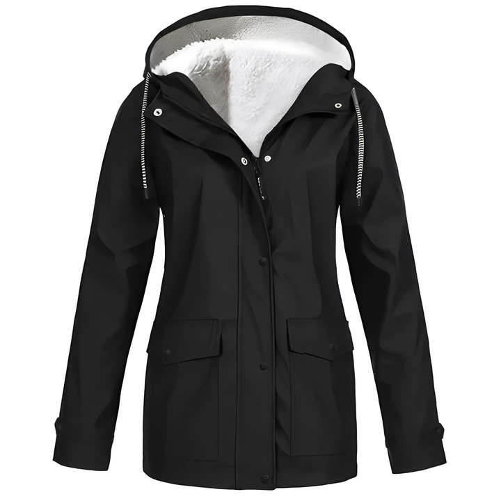Jaqueta feminina elegante para chuva, com capuz, perfeita para outono e inverno, oferece moda e proteção.