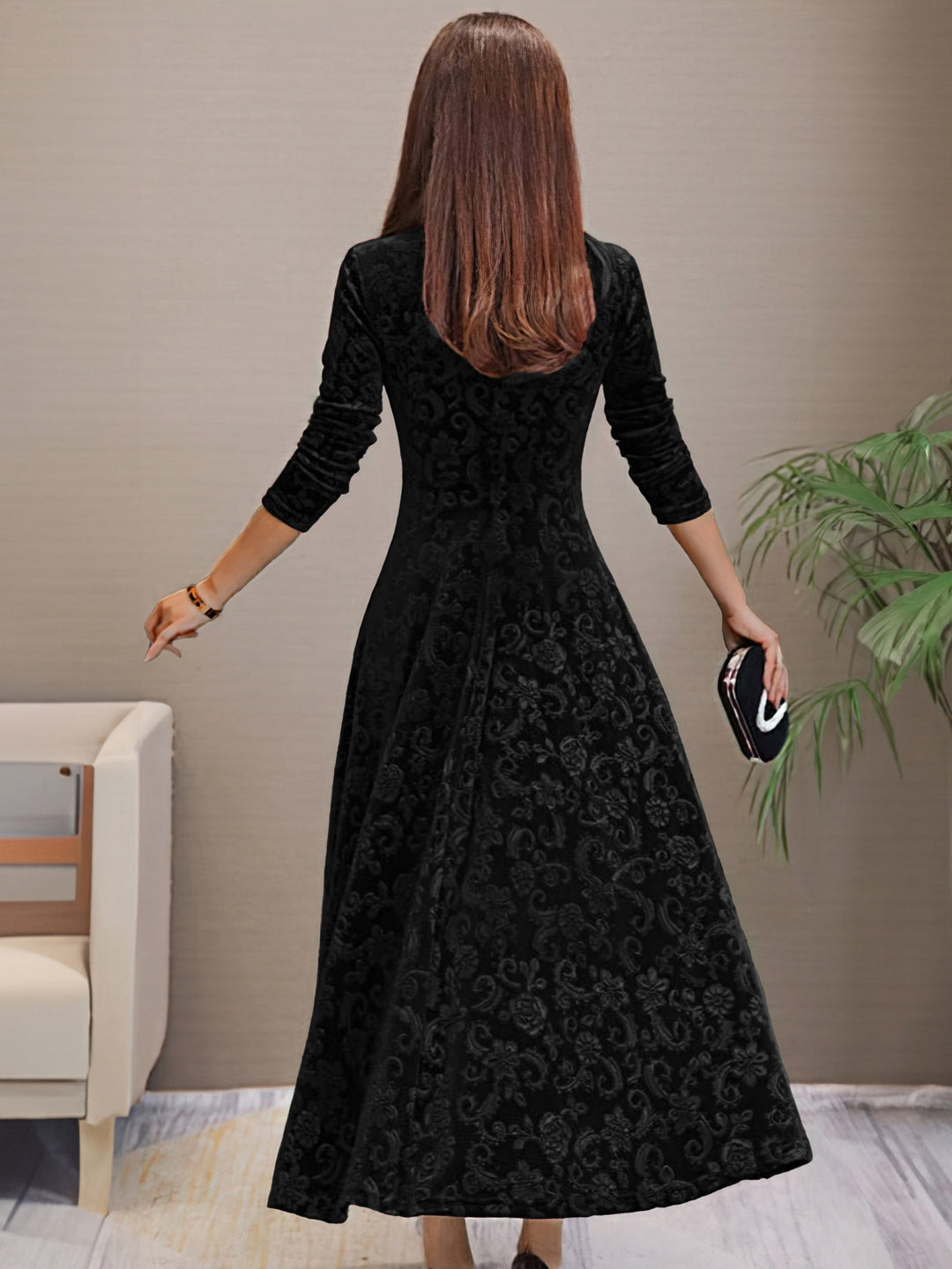 Vestido feminino elegante para festa, decote V, mangas longas, moda sofisticada para outono.