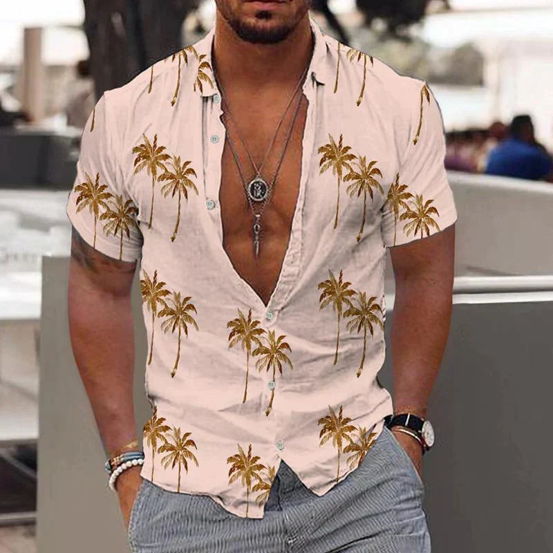 Camisa masculina Brisa da Palmeira, estampada tropical, ideal para o verão, com conforto e estilo casual.