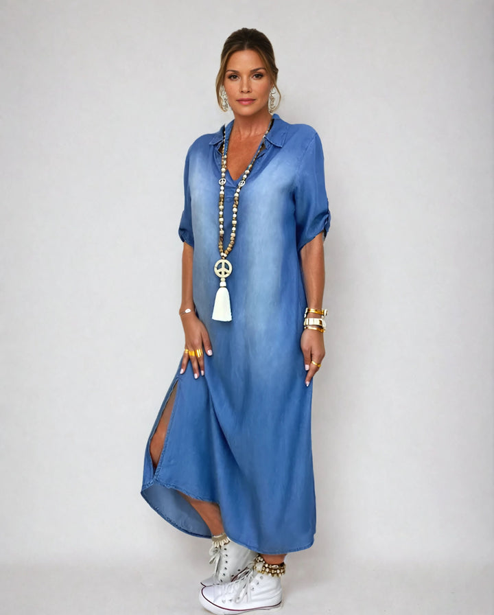 Vestido longo feminino para verão/primavera, casual e elegante. Estilo descontraído com fenda lateral para conforto.