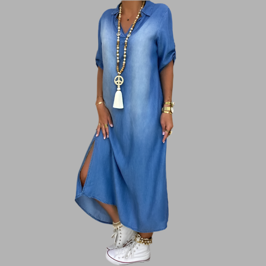 Vestido longo feminino casual, perfeito para o dia a dia. Com fenda lateral, estilo descontraído e confortável.