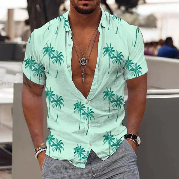 Camisa masculina estampada com palmeiras, manga curta, estilo praia, perfeita para moda casual de verão.