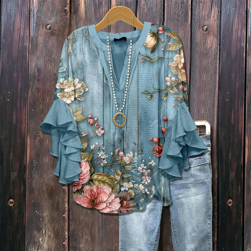 Blusa feminina floral elegante, decote V, manga babado para primavera/verão. Moda casual e confortável.
