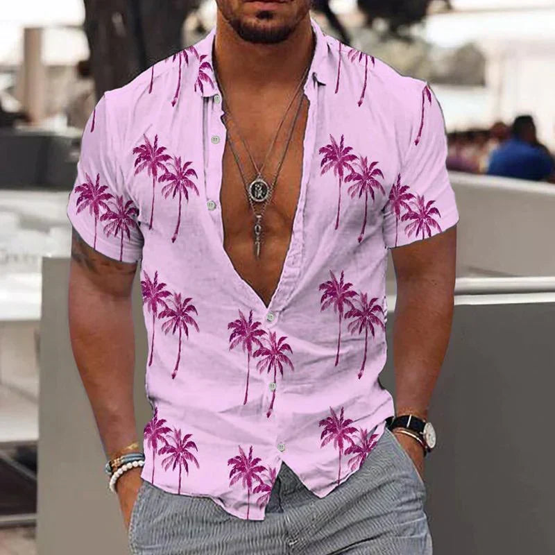 Camisa masculina casual de verão, estampa Brisa da Palmeira, manga curta, ideal para conforto e estilo tropical.