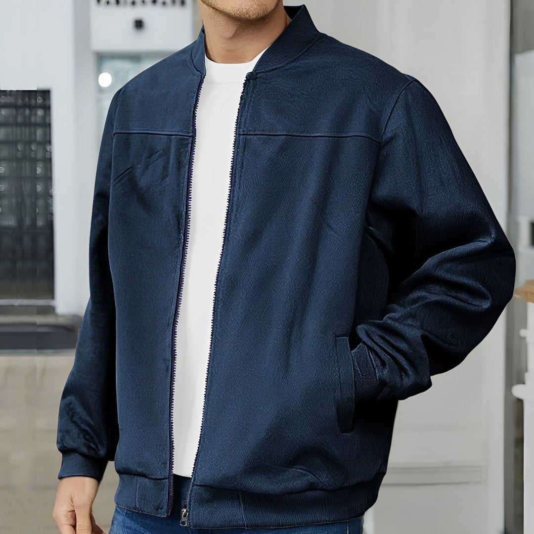 Jaqueta bomber masculina moderna para outono/inverno, estilo casual urbano e confortável.