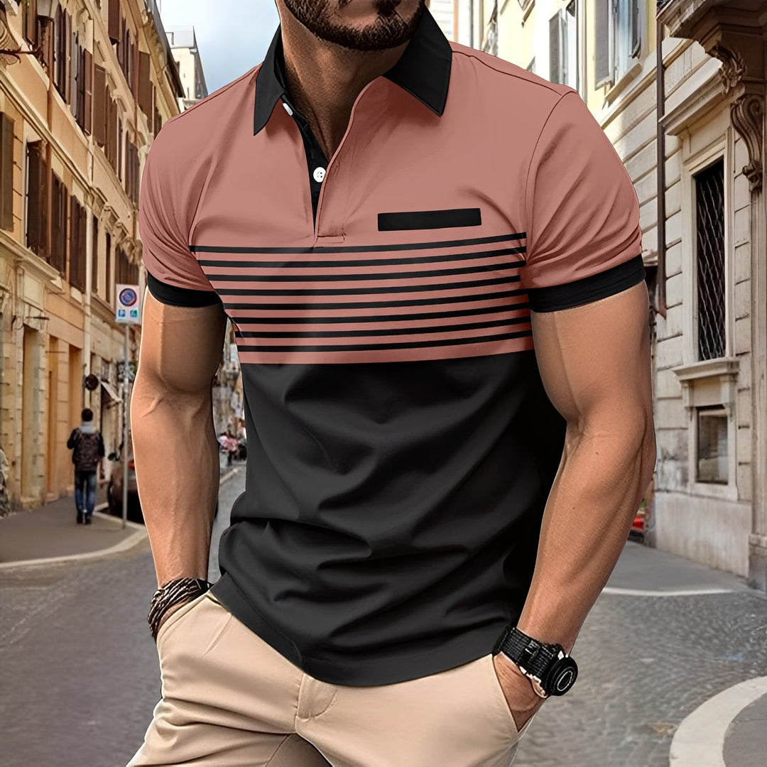 Detalhe da textura e gola de camisa polo masculina slim fit, qualidade e estilo em moda verão.