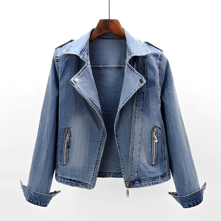 Jaqueta feminina azul estilosa, ideal para primavera/verão. Roupa casual versátil para moda feminina e outwear.