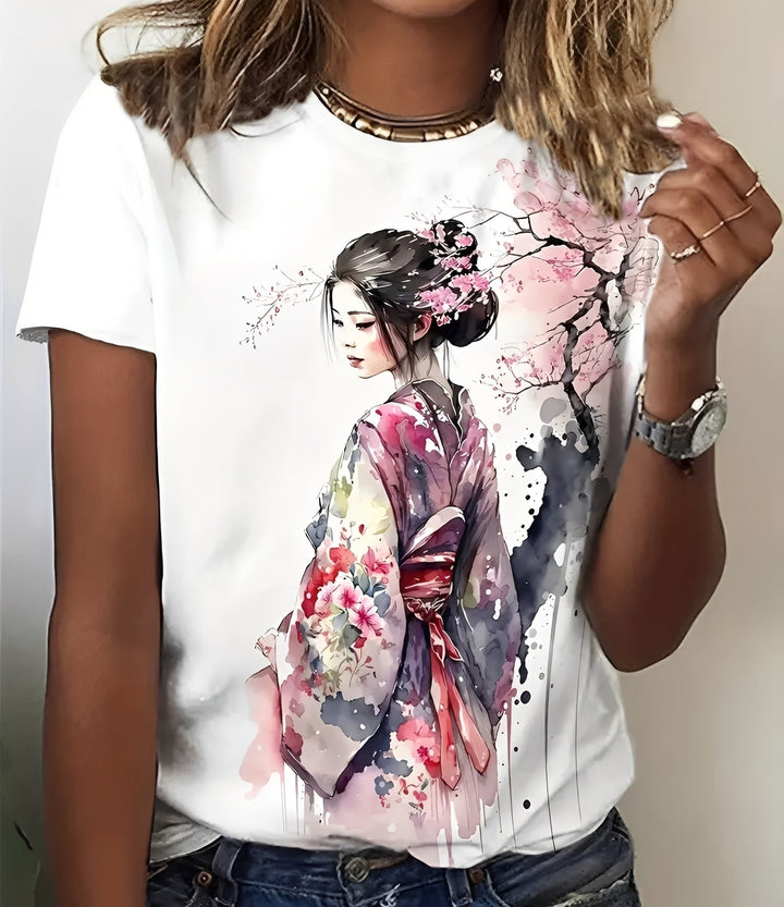 Camiseta feminina de verão com estampa floral vibrante. Blusa confortável e estilosa para dias quentes.