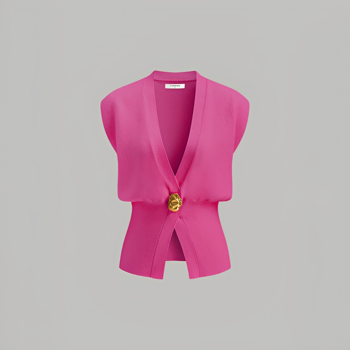 Colete feminino elegante com decote V profundo, adicionando um toque sofisticado a qualquer look de verão e primavera.