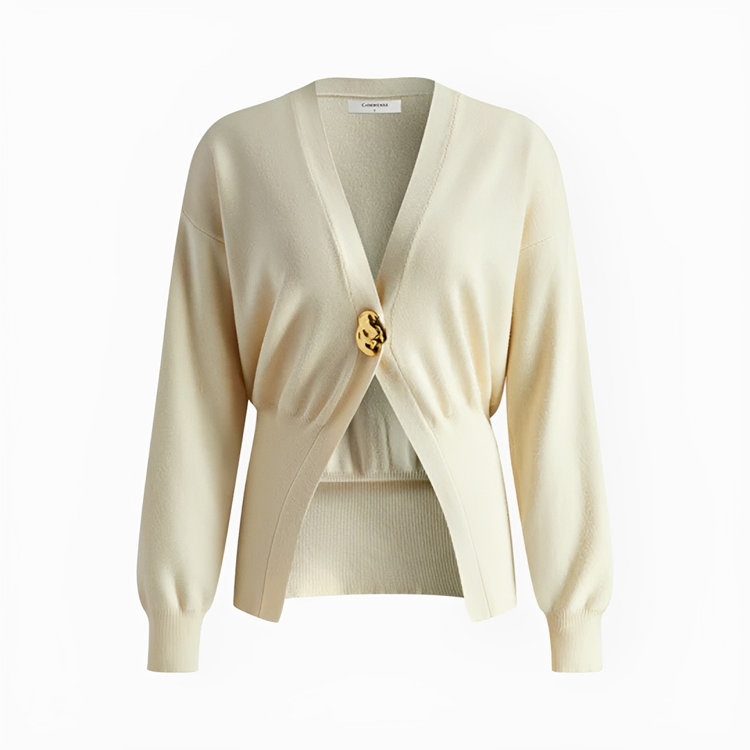 Cardigan feminino de manga longa, cor neutra, ideal para um visual moderno e elegante em todas as estações.