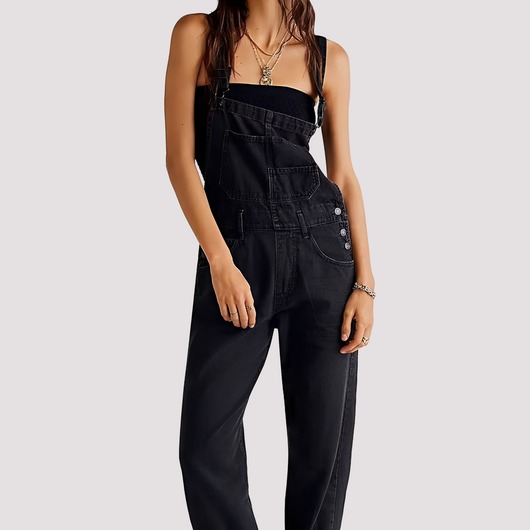 Macacão folgado feminino em cor sólida. Roupa casual com conforto e estilo para várias estações.