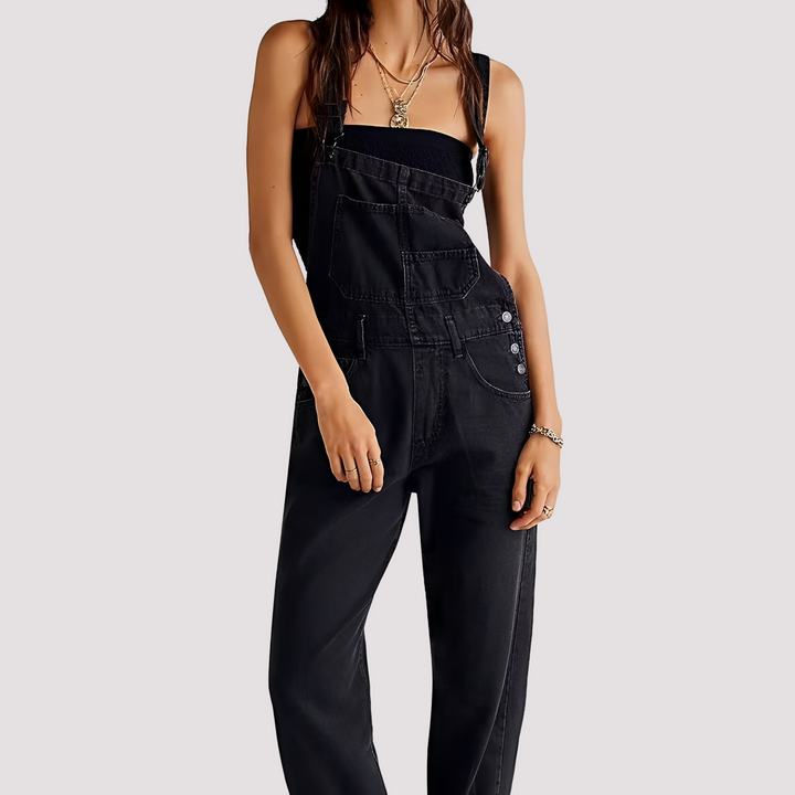 Macacão folgado feminino em cor sólida. Roupa casual com conforto e estilo para várias estações.