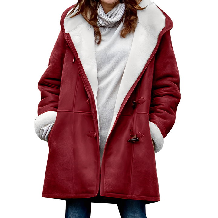 Casaco duffle vermelho feminino com capuz. Agasalho casual para o inverno, perfeito para roupa feminina.
