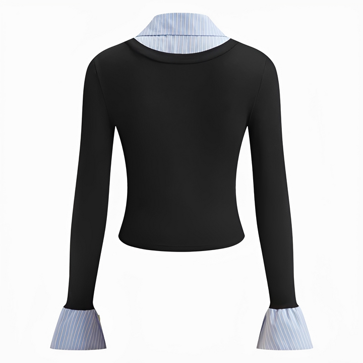 Close-up da textura da camisa feminina manga longa, garantindo conforto e durabilidade.