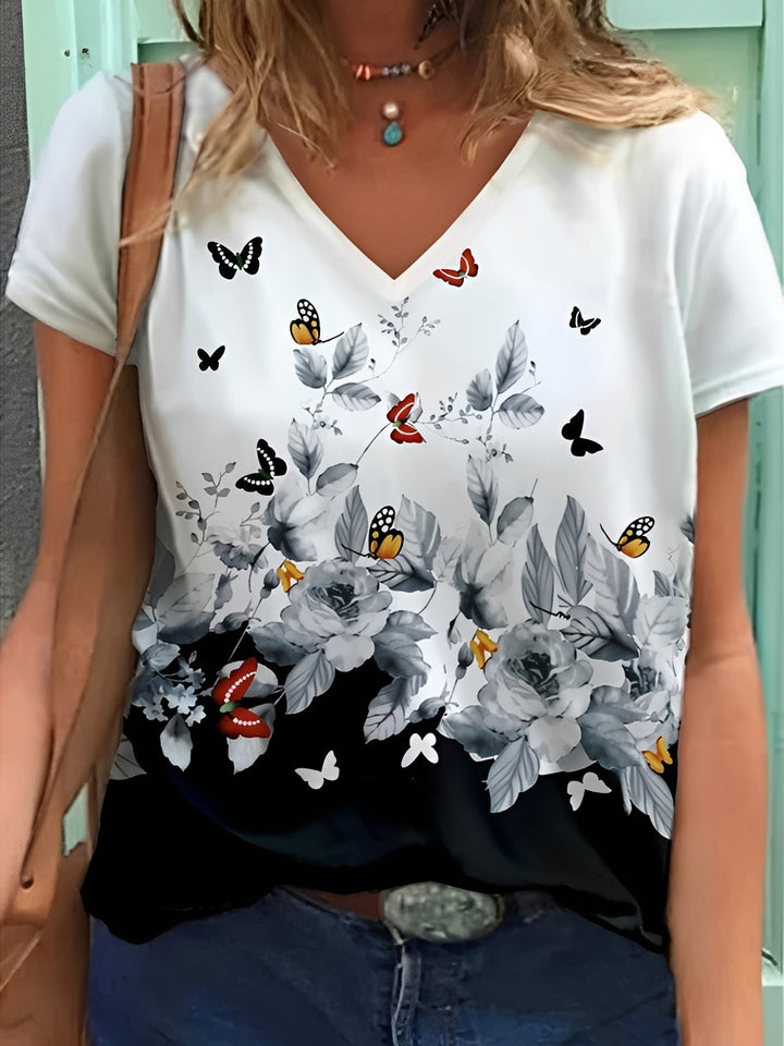 Top feminino floral para o verão. Estampa vibrante e estilo leve, perfeito para a moda feminina casual e elegante.