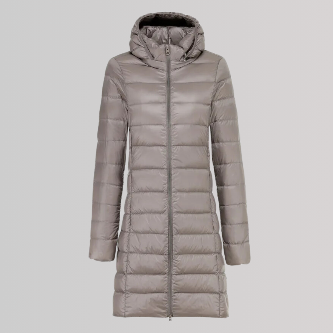 Roupa moderna feminina: Casaco comprido leve para inverno. Jaqueta elegante e confortável, ideal para o dia a dia.