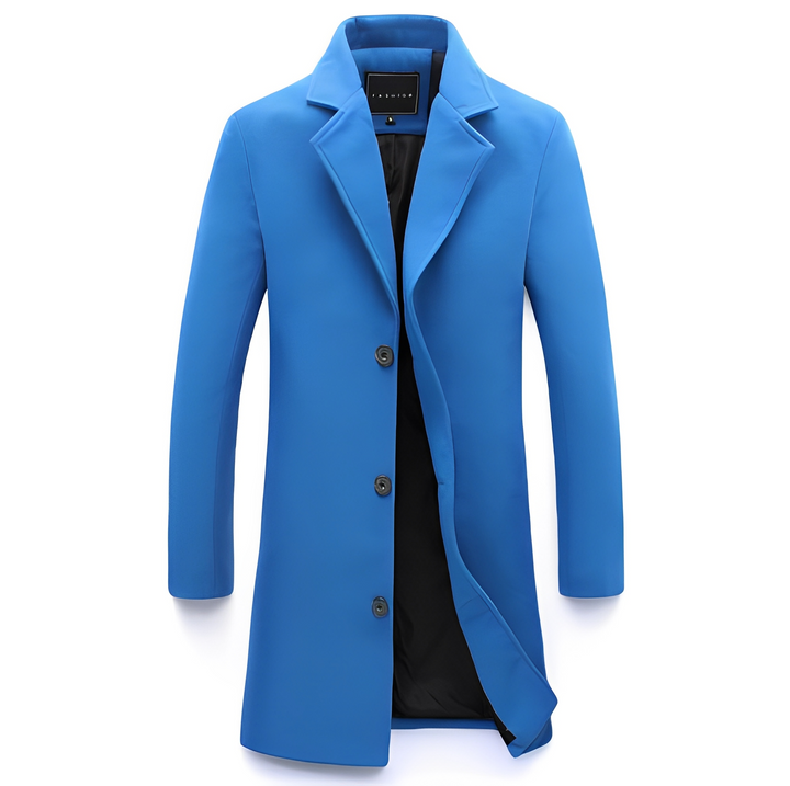 Sobretudo masculino formal de inverno, vista traseira. Casaco elegante com caimento perfeito, conforto e estilo.