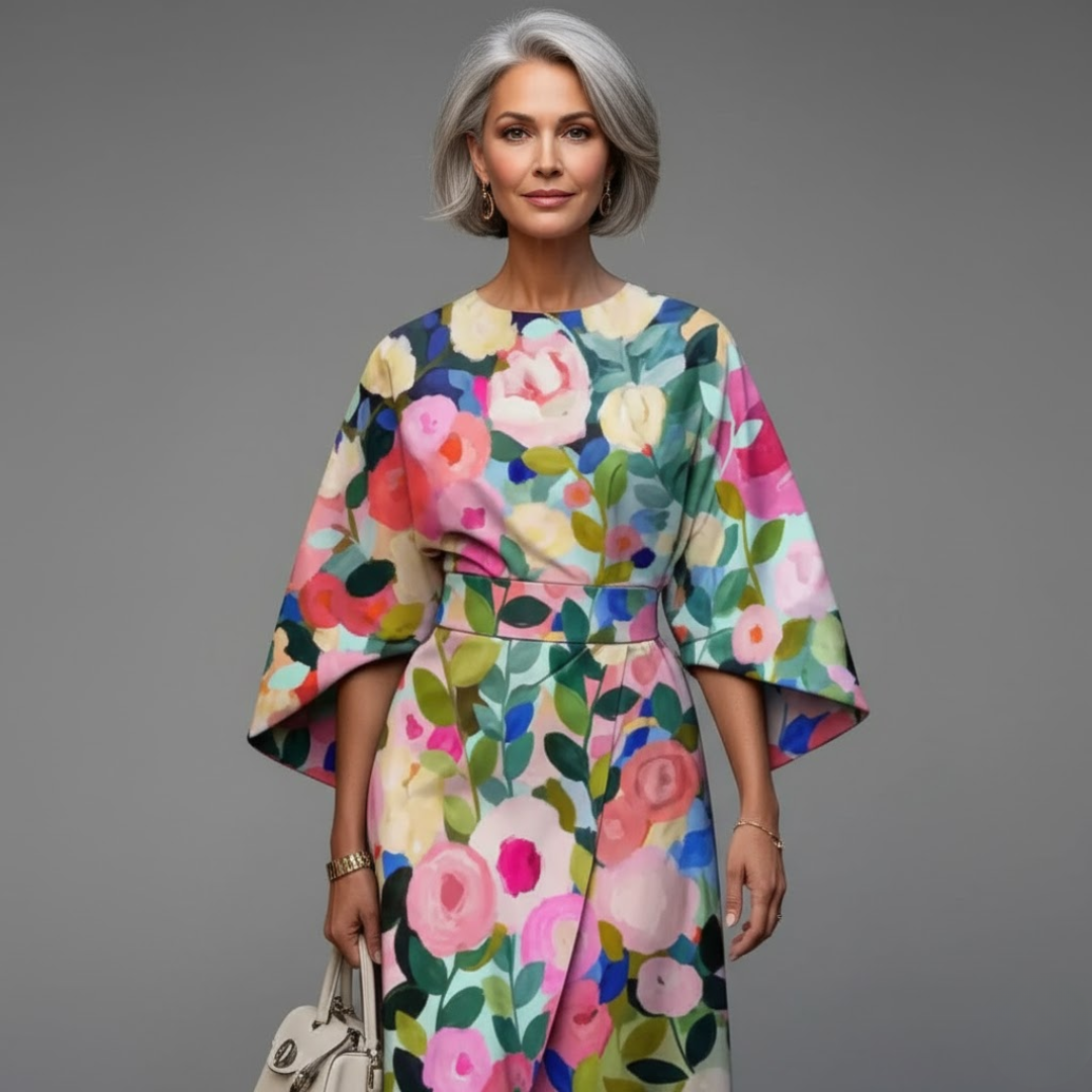 Vestido midi floral feminino elegante com cintura marcada, perfeito para primavera e verão.