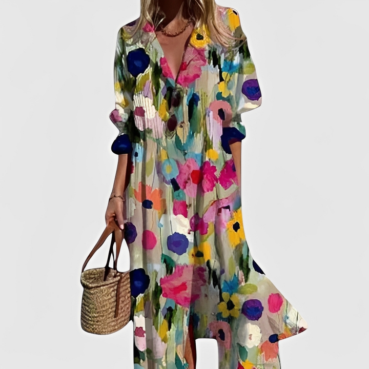 Vestido feminino midi floral de verão, com botões, perfeito para um look casual elegante e confortável.