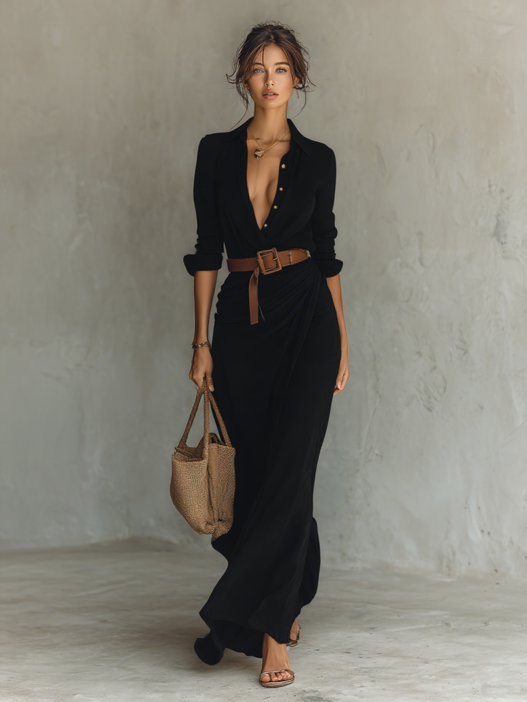Vestido feminino longo elegante, com lapela e cinto ajustável. Peça essencial para moda outono.