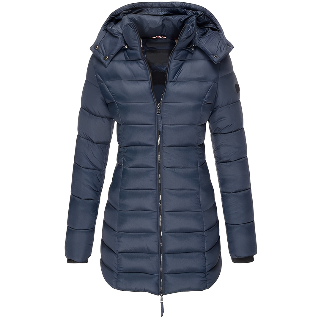 Jaqueta feminina acolchoada, tendência de inverno. Vestuário quente e elegante para qualquer ocasião.