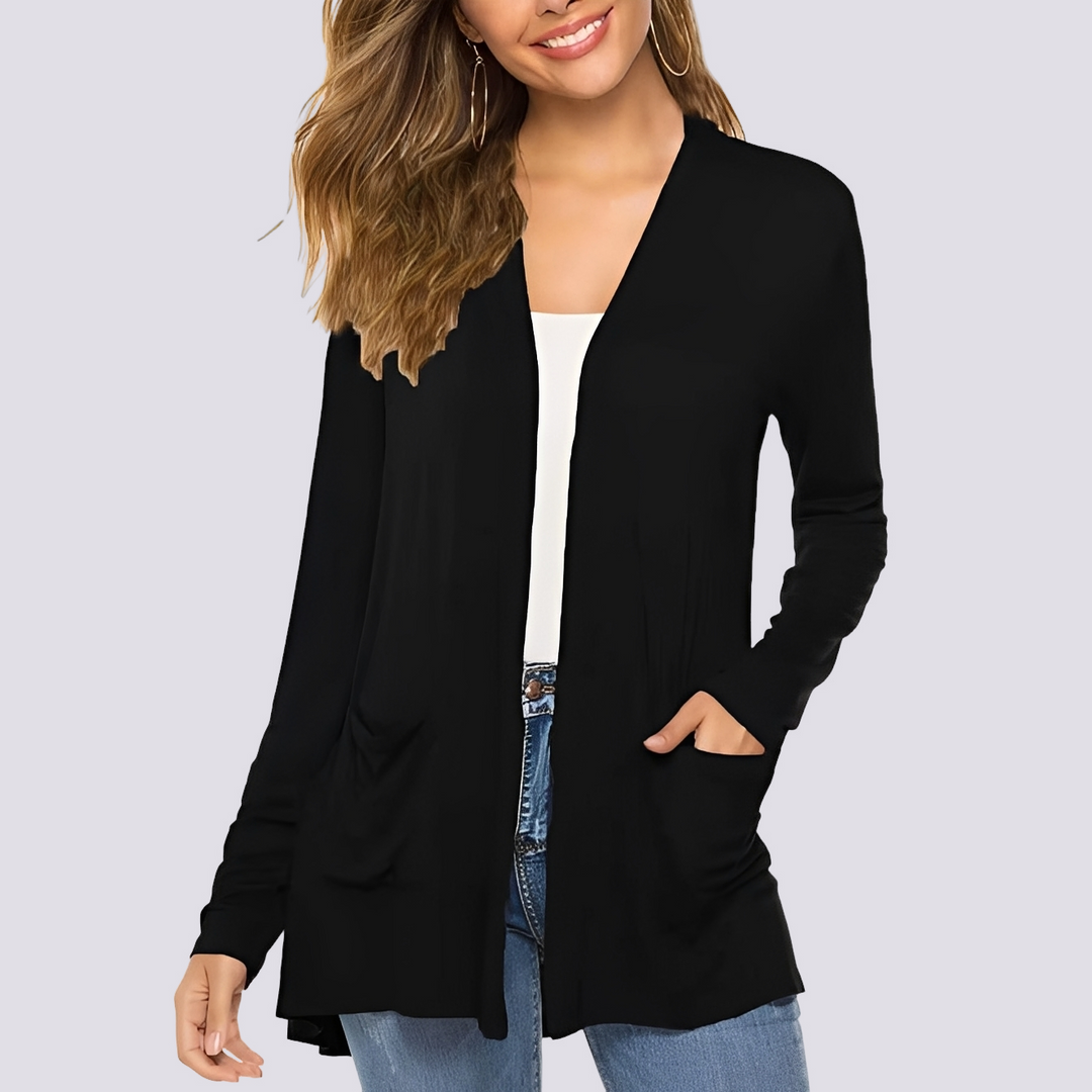 Jaqueta feminina casual versátil de manga longa. Ideal para estações amenas como outono/primavera e uso diário.