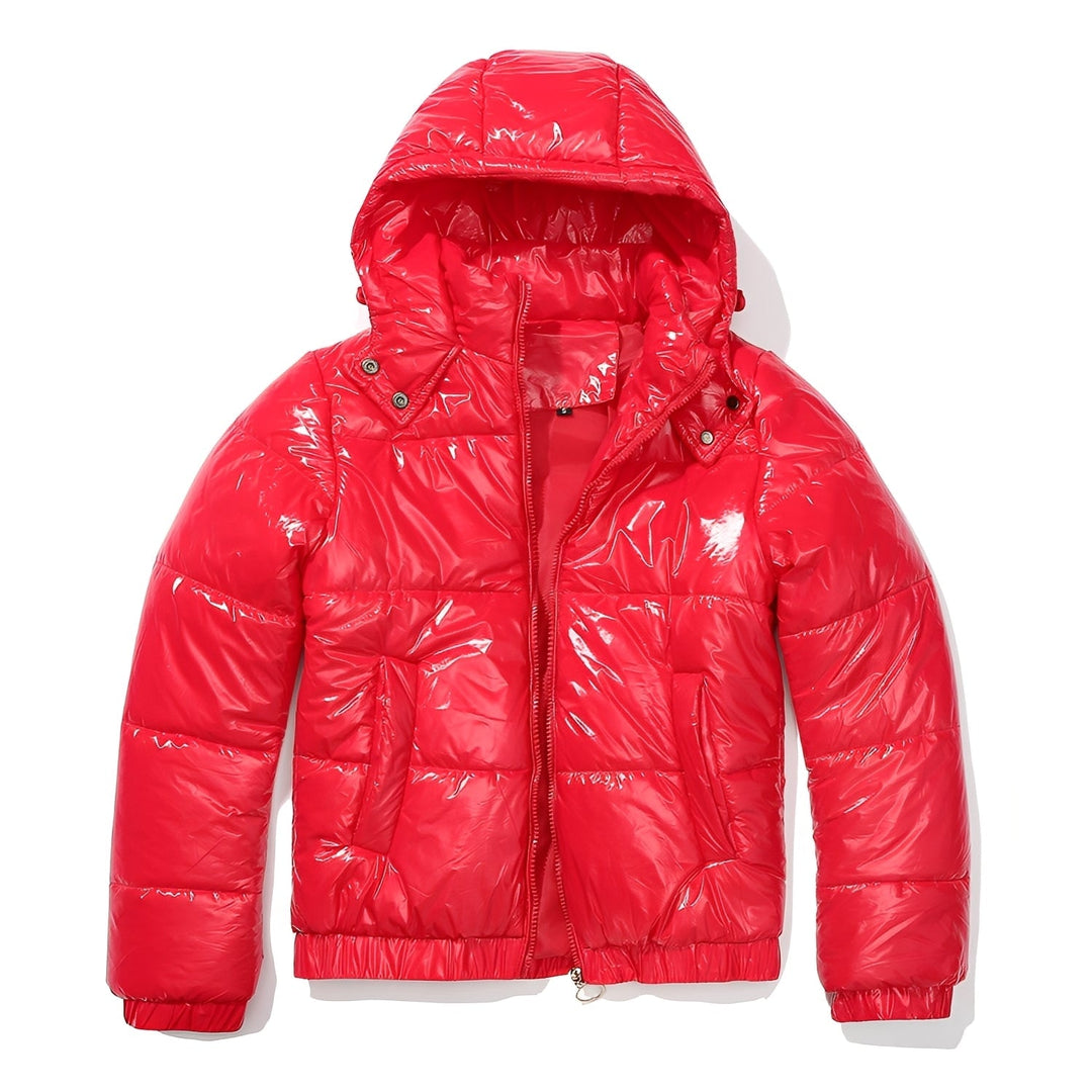 Casaco feminino brilhante com capuz, ideal para o inverno. Roupa feminina elegante e aquecida.