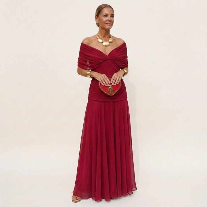 Vestido feminino longo fluido e confortável com decote V, cintura marcada, para moda elegante.