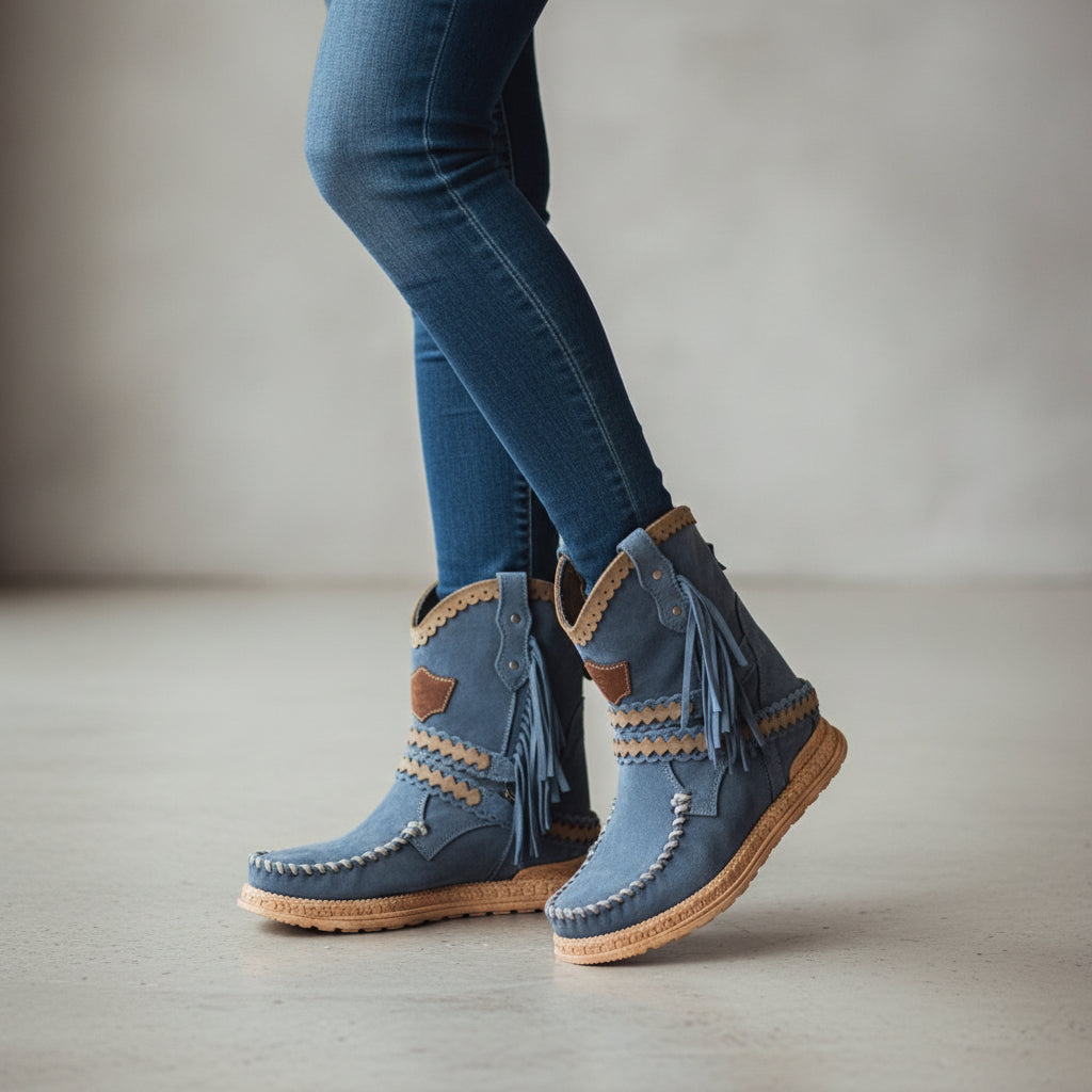 Ankle boots femininas estilo boho, elegantes e confortáveis. Moda feminina ideal para sapatos de outono/inverno e uso casual.