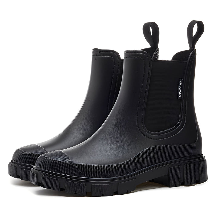 Botas de chuva femininas confortáveis e estilosas de calçar, perfeitas para dias frios e húmidos.
