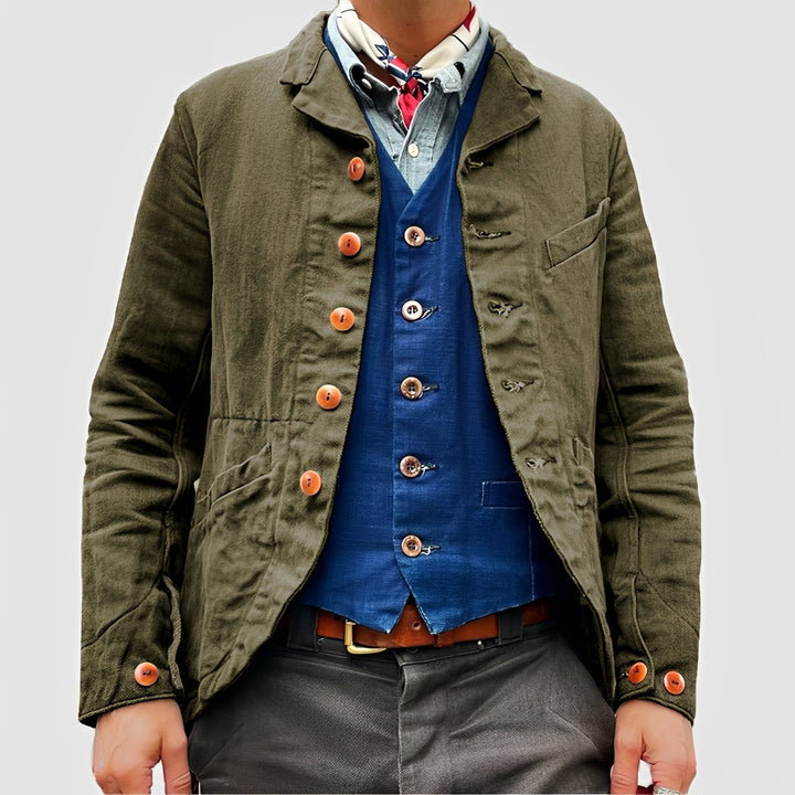 Jaqueta masculina versátil para o dia a dia, com design casual e múltiplos bolsos funcionais.