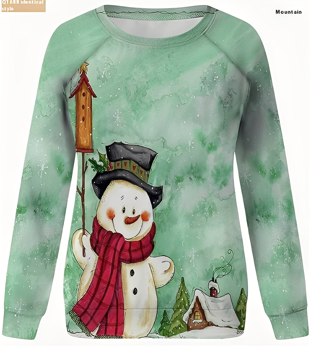 Suéter feminino de natal vibrante com estampa de rena festiva, essencial para celebrações de inverno.