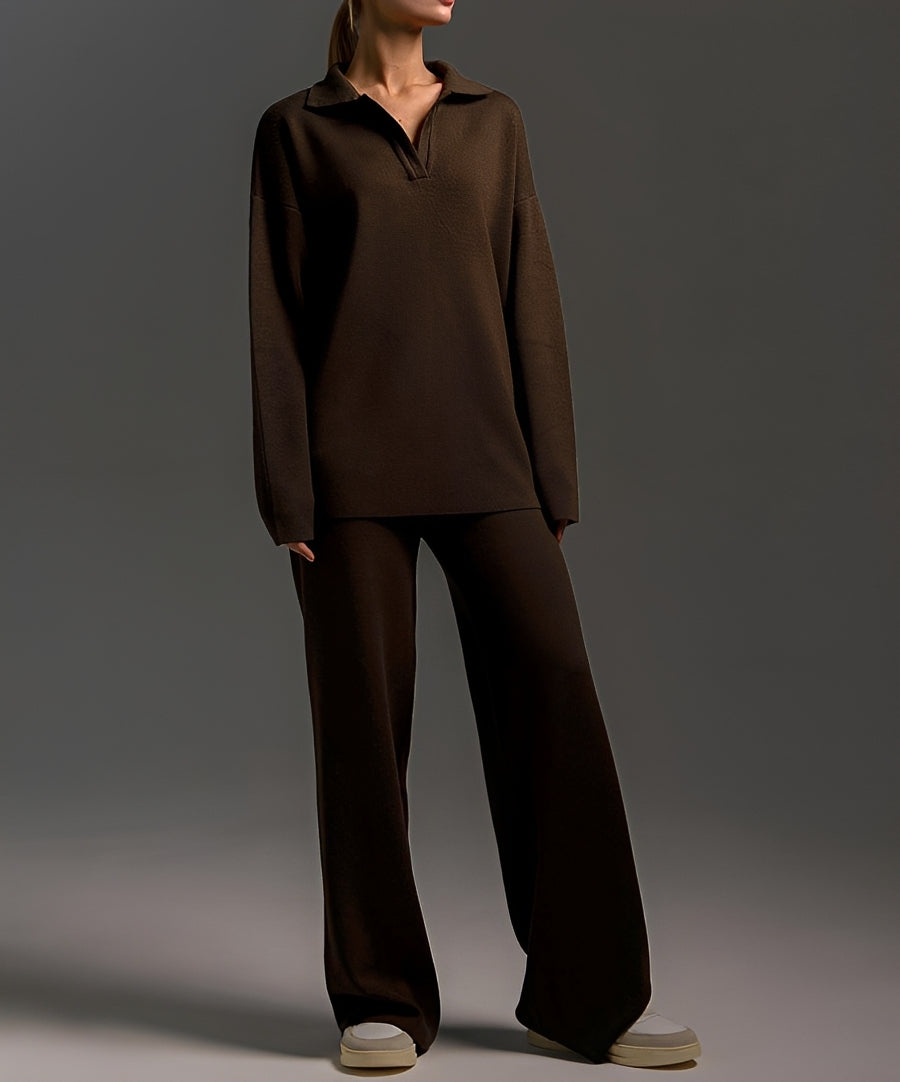 Conjunto feminino de suéter de malha e calça larga, perfeito para um visual coordenado e casual no outono/primavera.