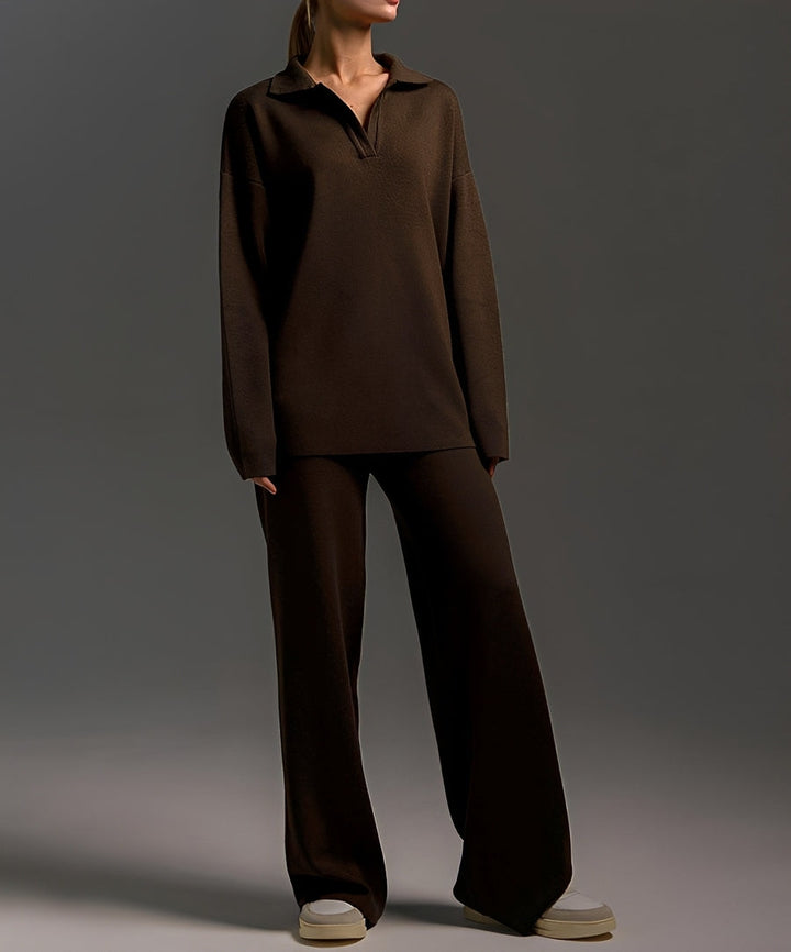 Conjunto feminino de suéter de malha e calça larga, perfeito para um visual coordenado e casual no outono/primavera.