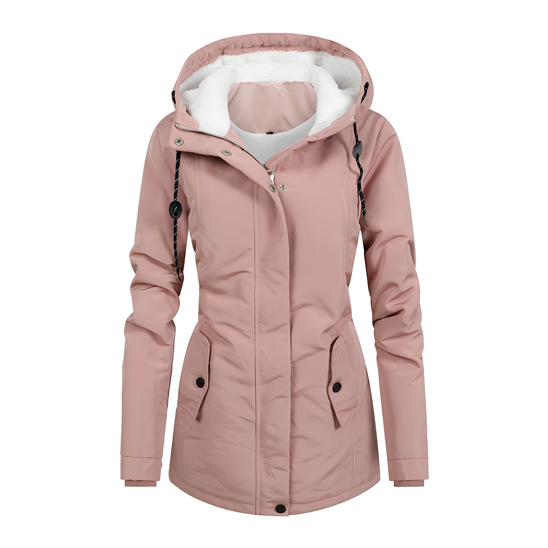 Jaqueta feminina de inverno elegante com capuz. Perfeita para frio intenso e moda outono/inverno.