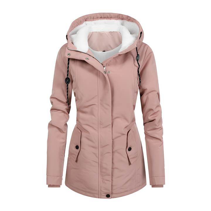 Jaqueta feminina de inverno elegante com capuz. Perfeita para frio intenso e moda outono/inverno.