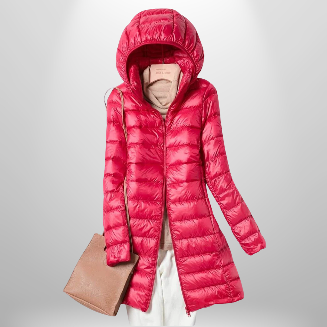 Jaqueta feminina ultraleve prática e estilosa. Perfeita para outono/inverno, oferece conforto e moda para viagens.