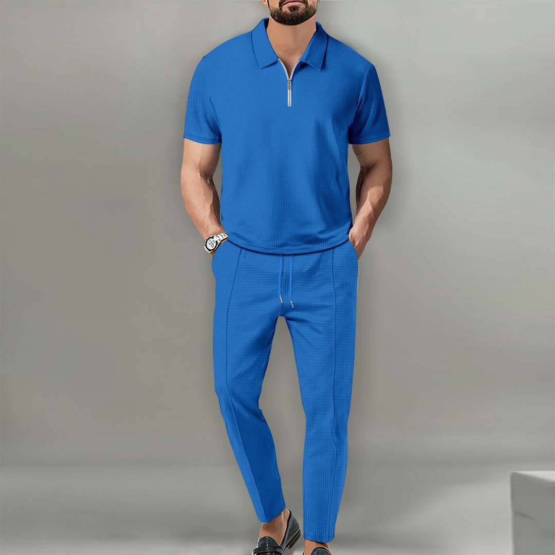 Conjunto masculino casual waffle para verão. Conforto e estilo moderno para lazer, viagem ou dia a dia. Moda masculina versátil.