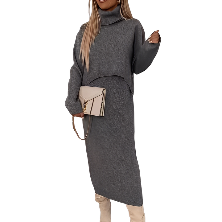 Moda feminina: Conjunto completo com suéter gola alta e saia, perfeito para looks casuais e formais de inverno.