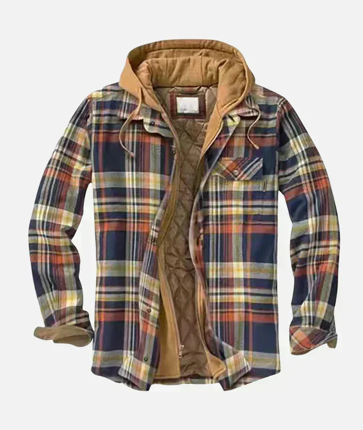 Jaqueta masculina patchwork xadrez. Detalhe do padrão moderno, ideal para estilo casual e moda de inverno.